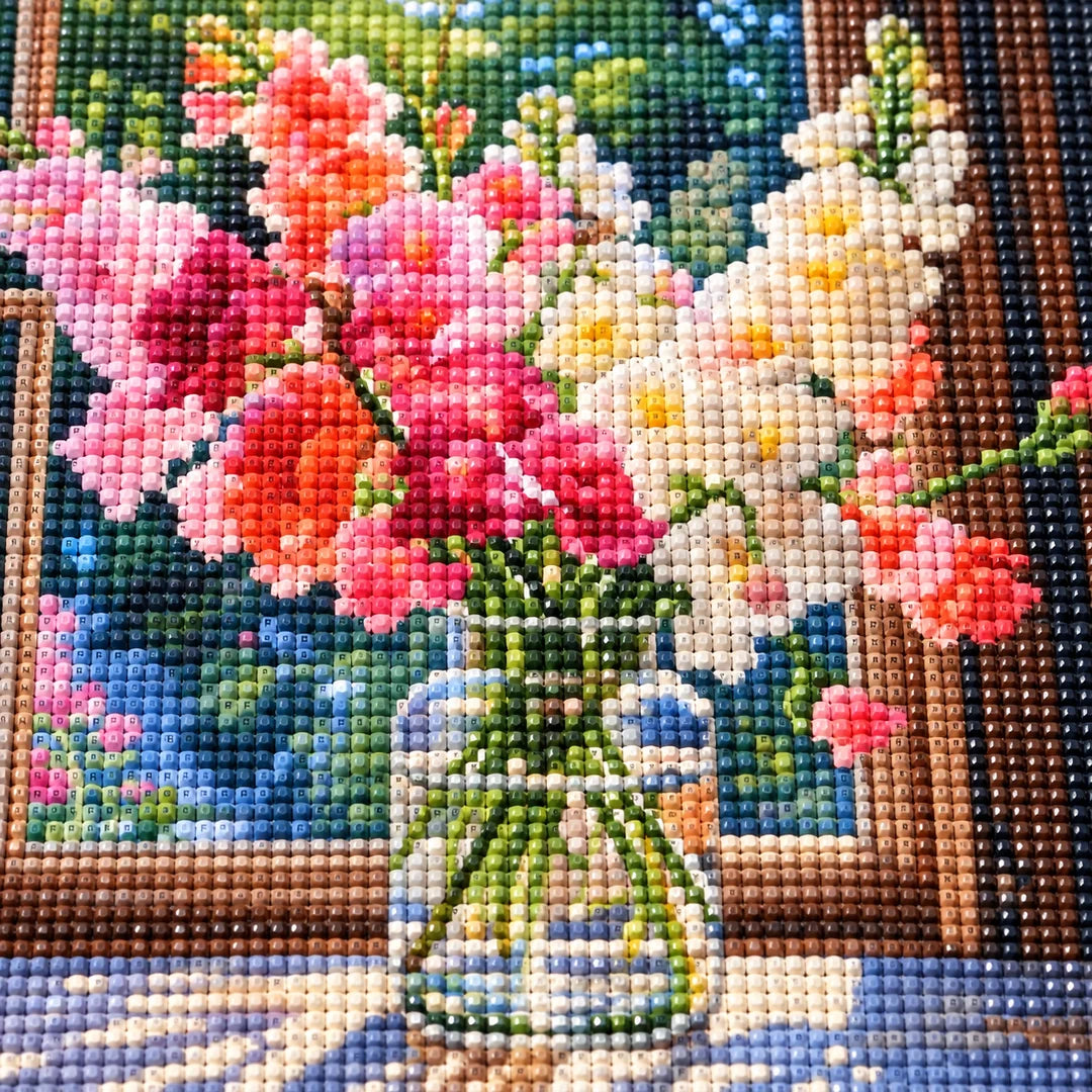 Faceted resin drills on gladiolus window diamond canvas