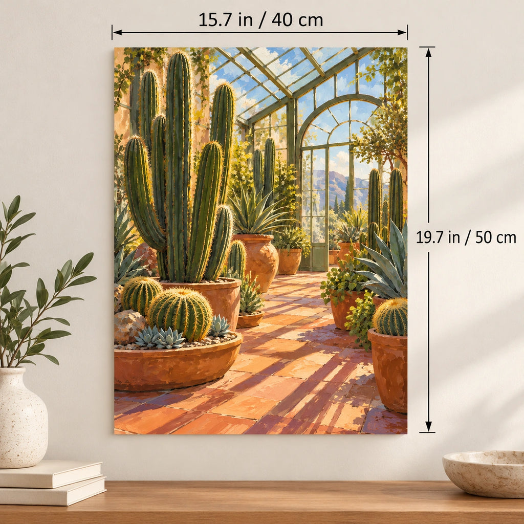 Portrait cactus greenhouse canvas with size labels of 15.7 by 19.7 inches (40 by 50 cm).