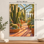 Portrait cactus greenhouse canvas with size labels of 15.7 by 19.7 inches (40 by 50 cm).
