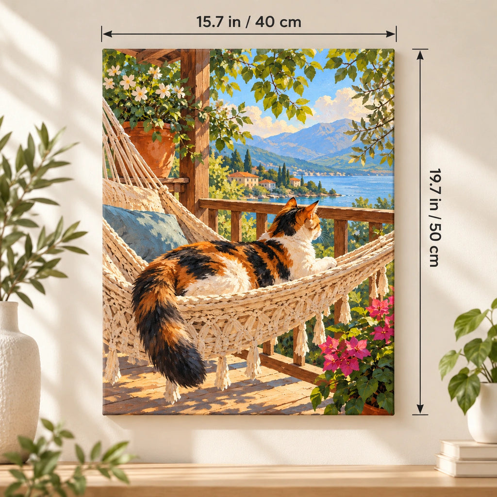 40 × 50 cm (15.7 × 19.7 in) size guide for Calico Cat Seaside Hammock paint by numbers kit