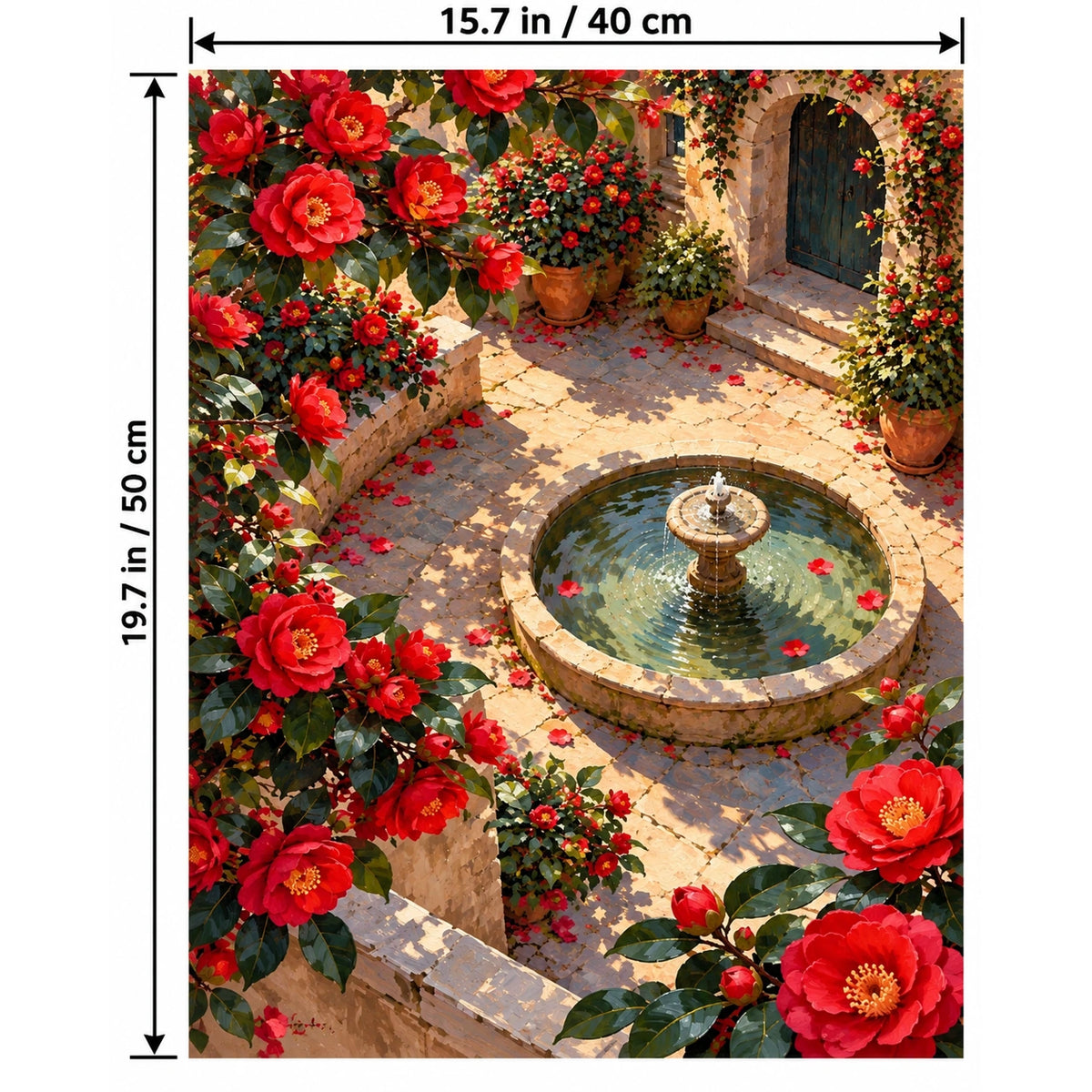 Camellia Courtyard Fountain paint by numbers canvas shown with 15.7 × 19.7 in (40 × 50 cm) dimensions