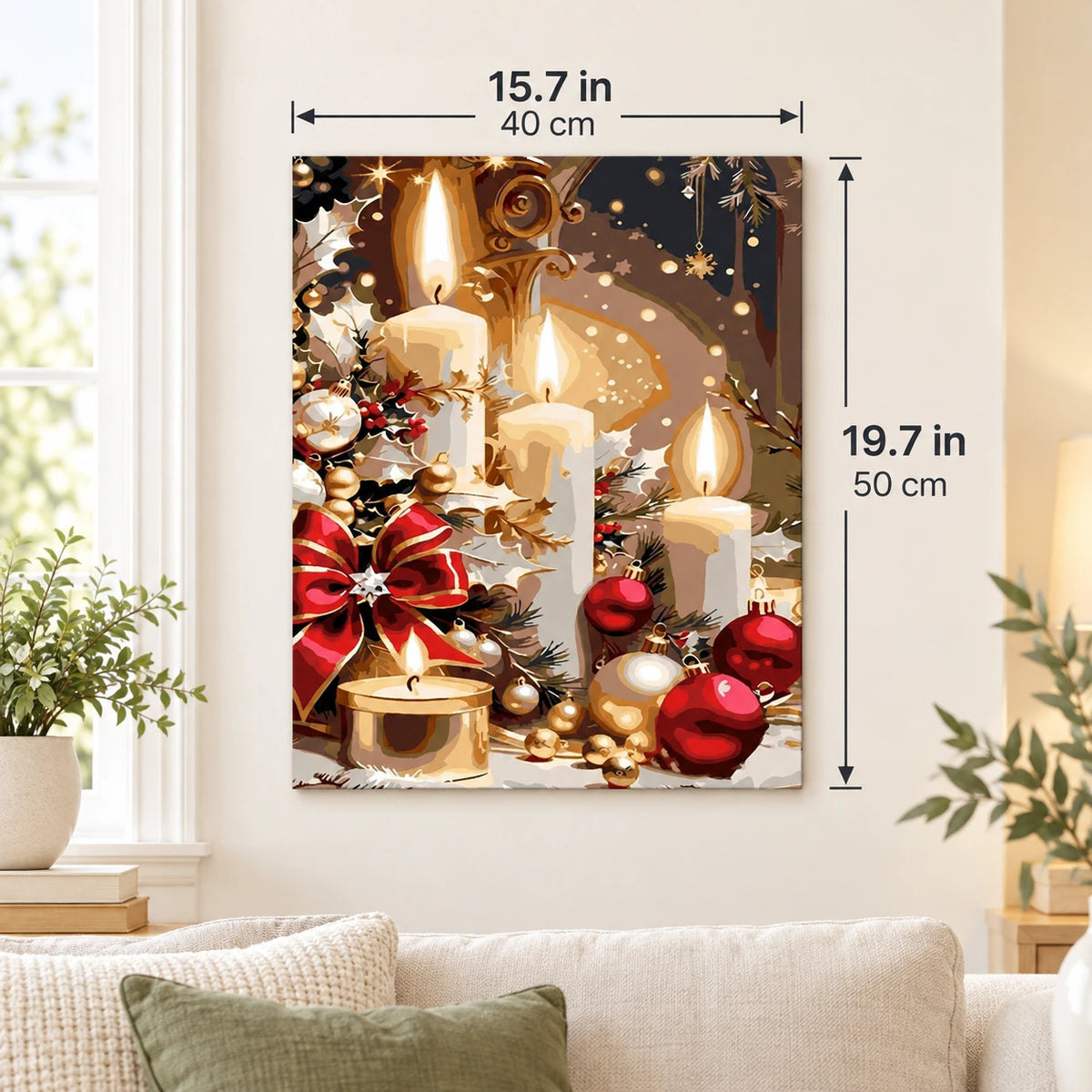 Candlelit Christmas Abundance paint by numbers canvas displayed in a bright living room, 15.7 × 19.7 in / 40 × 50 cm