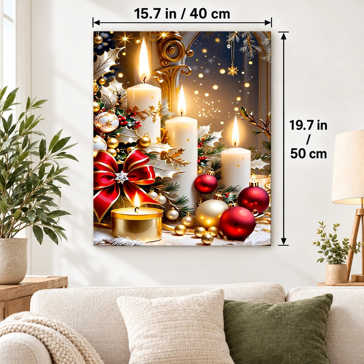 Candlelit Christmas Splendor paint by numbers canvas displayed in a bright living room, 15.7 × 19.7 in / 40 × 50 cm