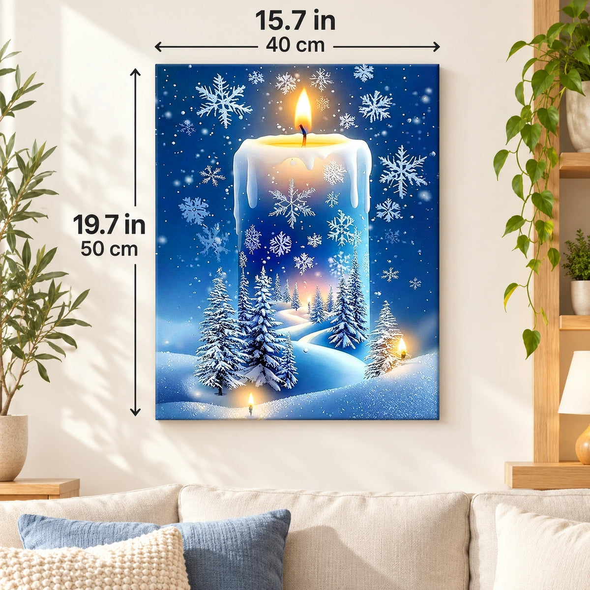 Candlelit Winter Forest paint by numbers canvas displayed in a bright living room, 15.7 × 19.7 in / 40 × 50 cm