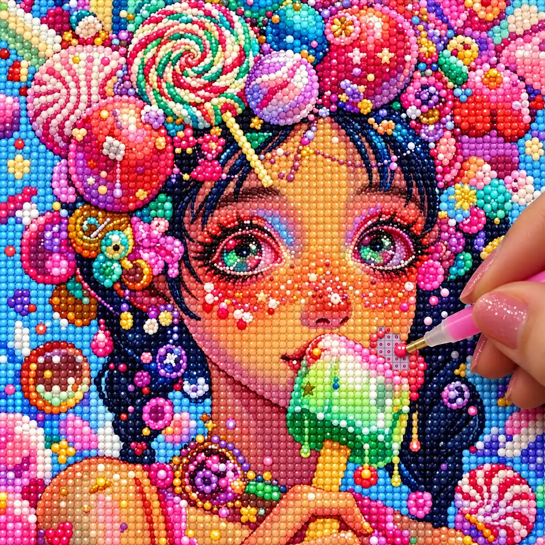 Hands placing drills on the candy pop girl diamond painting canvas