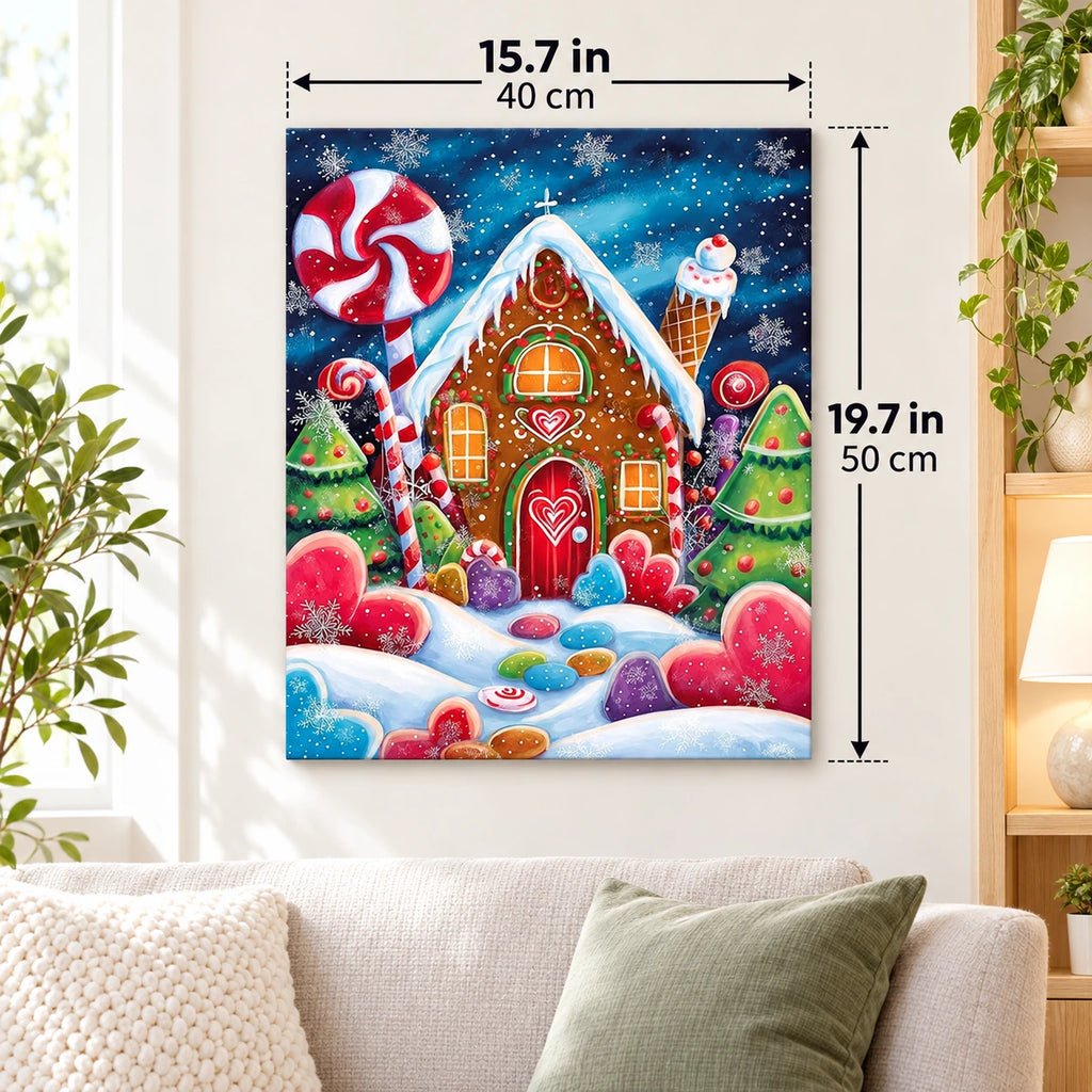Candyland Gingerbread Christmas paint by numbers canvas displayed in a bright living room, 15.7 × 19.7 in / 40 × 50 cm