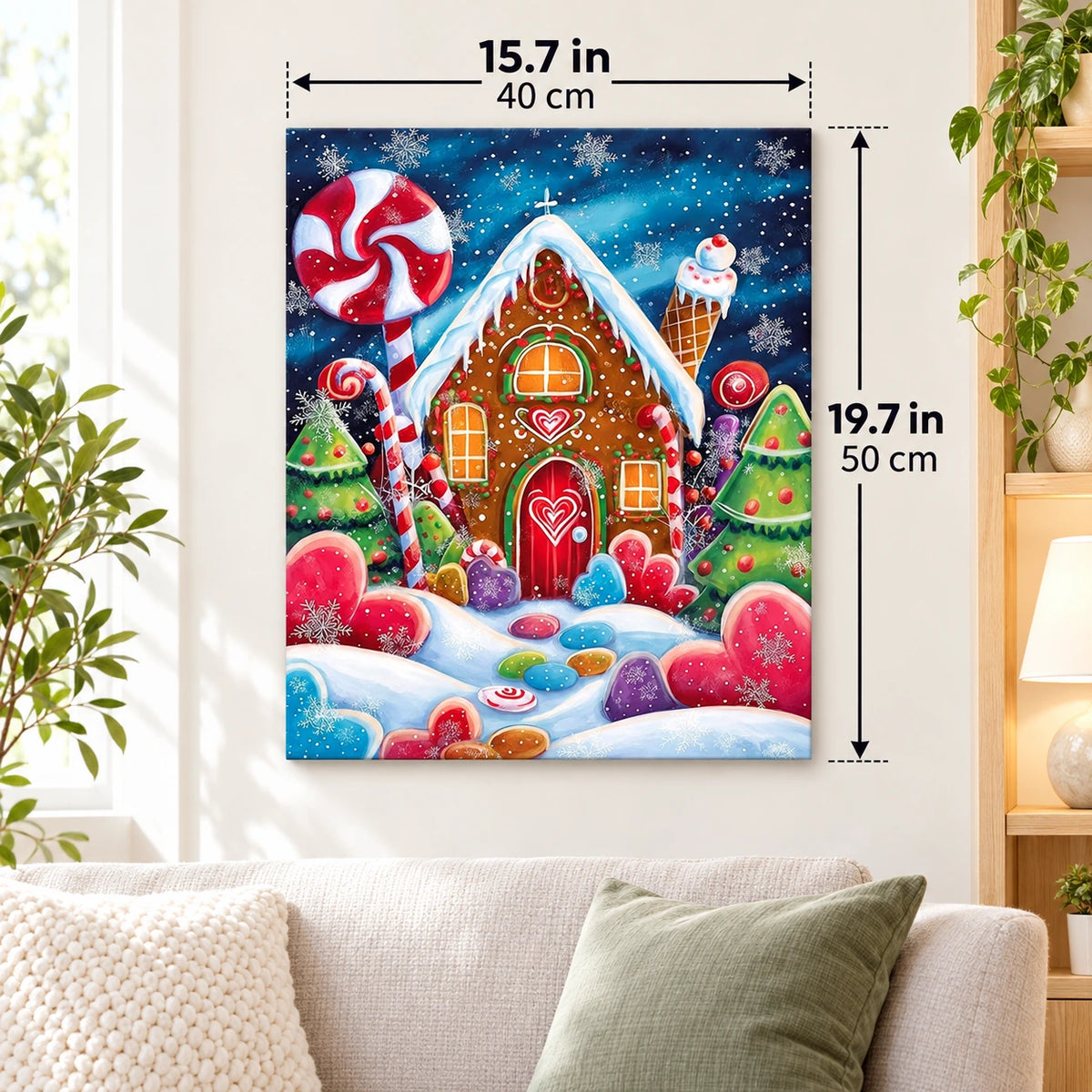 Candyland Gingerbread Christmas paint by numbers canvas displayed in a bright living room, 15.7 × 19.7 in / 40 × 50 cm