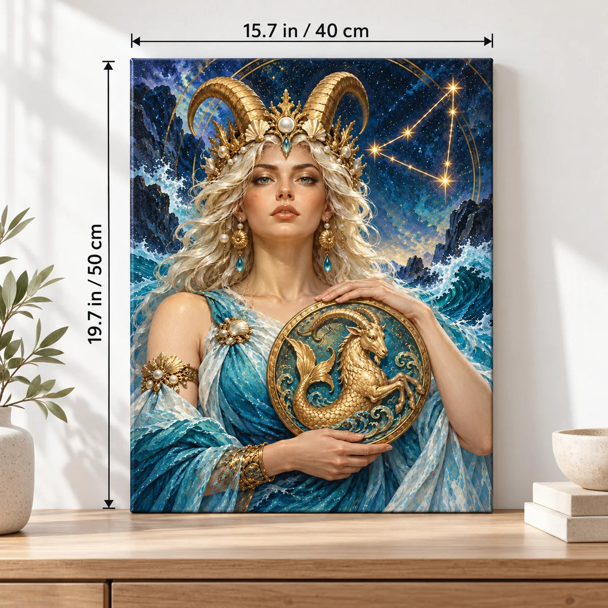 Portrait size guide for the Capricorn Woman with Sea-Goat Emblem paint by numbers kit, 15.7 × 19.7 in (40 × 50 cm).