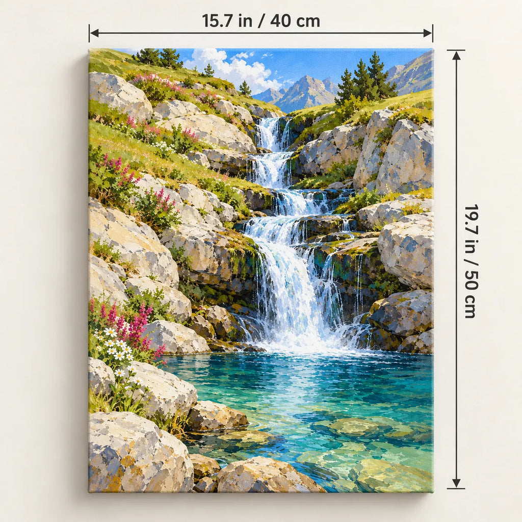 Portrait 40 × 50 cm size guide for the cascading meadow waterfall paint by numbers kit.