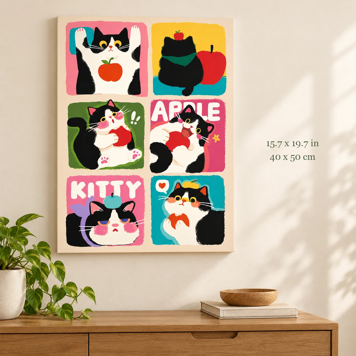Cat and Apple Pop Art Collage paint by numbers canvas shown in a styled room with 15.7 x 19.7 in and 40 x 50 cm dimensions