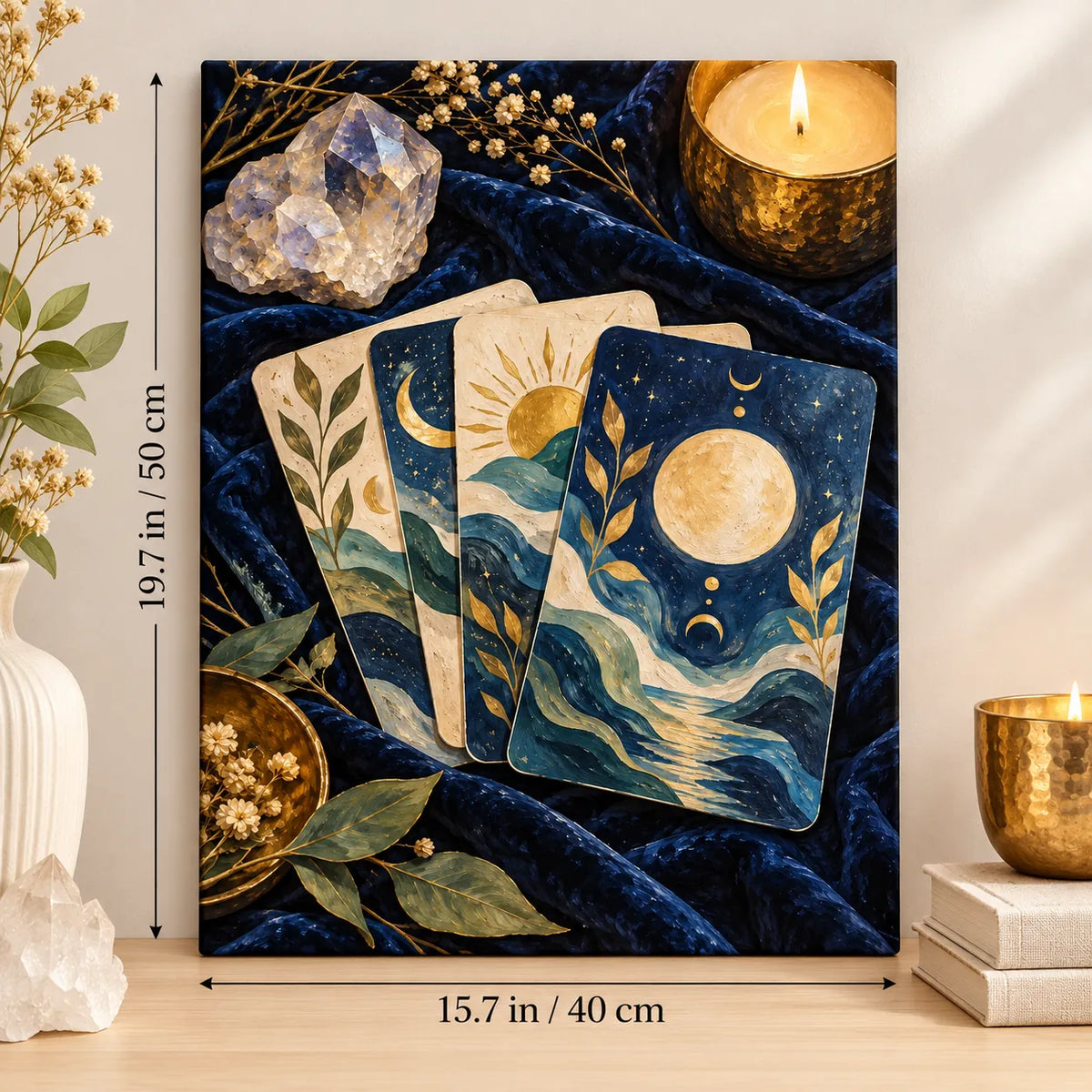 Portrait size guide for the Celestial Tarot Card Spread by Candlelight paint by numbers kit, 15.7 × 19.7 in (40 × 50 cm).