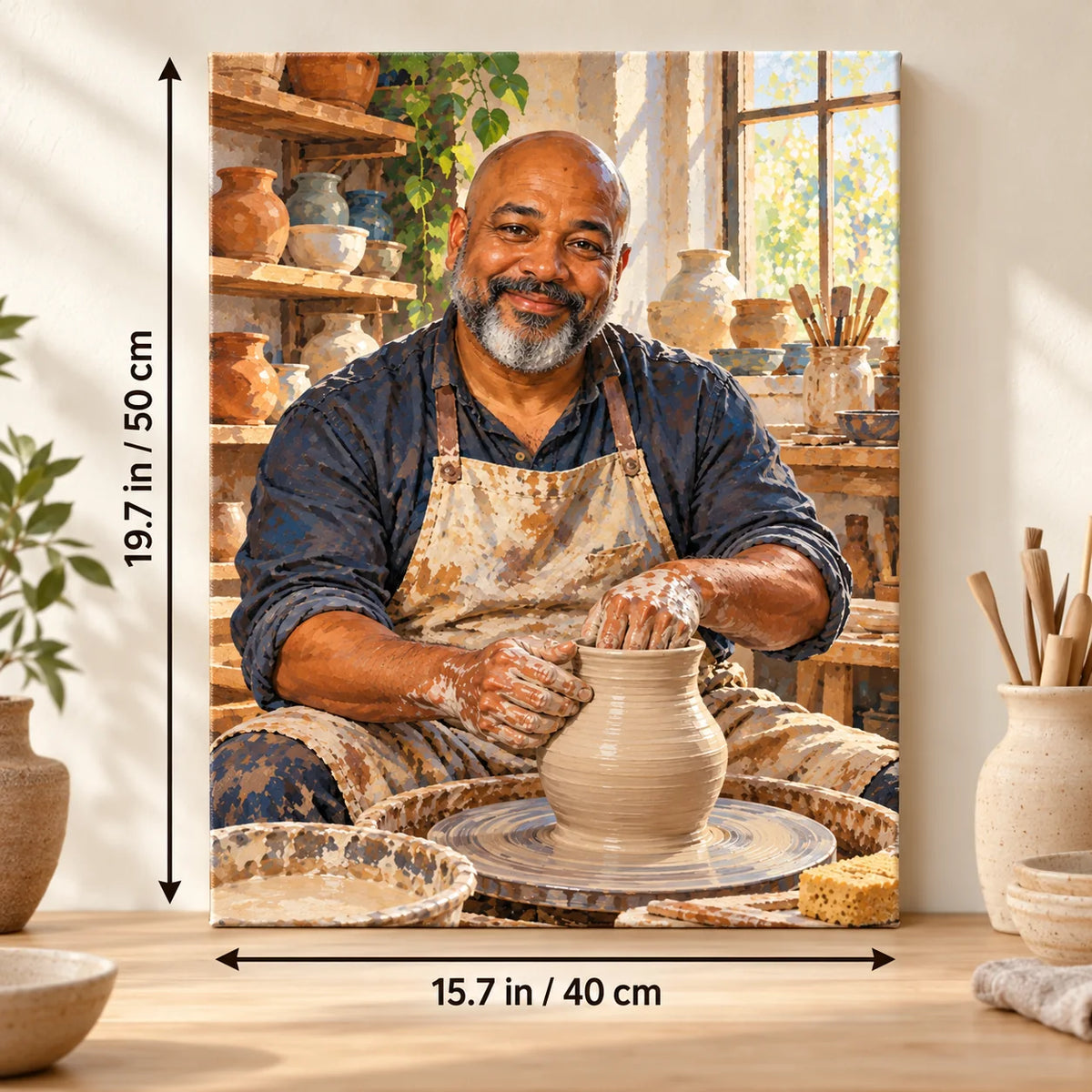 Portrait size guide for the Black Ceramic Artist Shaping a Clay Vase paint by numbers kit, 15.7 × 19.7 in (40 × 50 cm).