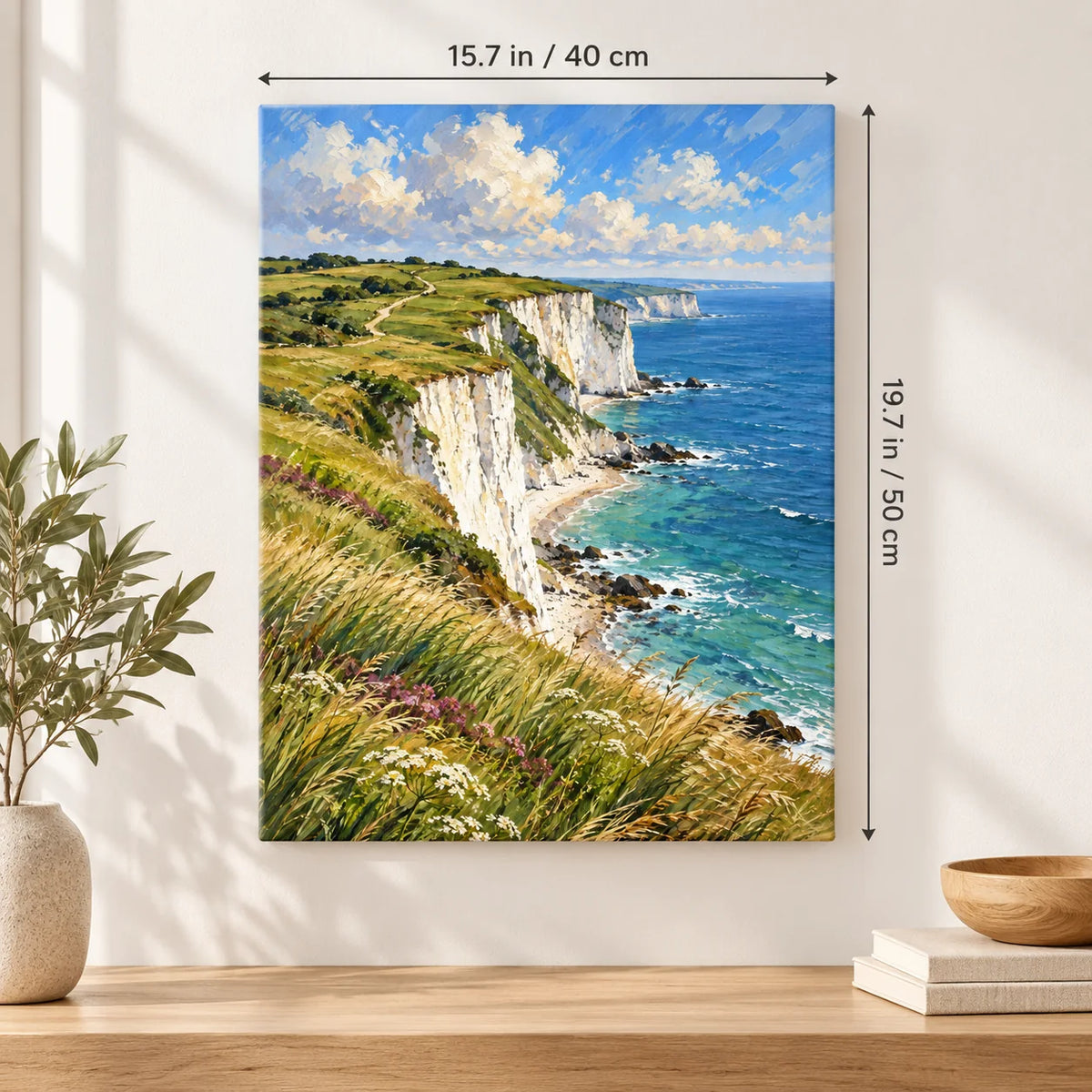 Chalk Cliffs Sea Grass shown in a styled room with 15.7 × 19.7 in and 40 × 50 cm dimensions