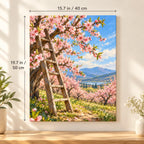 Cherry Blossom Ladder Orchard paint by numbers canvas shown in a styled room with 15.7 × 19.7 in (40 × 50 cm) dimensions.