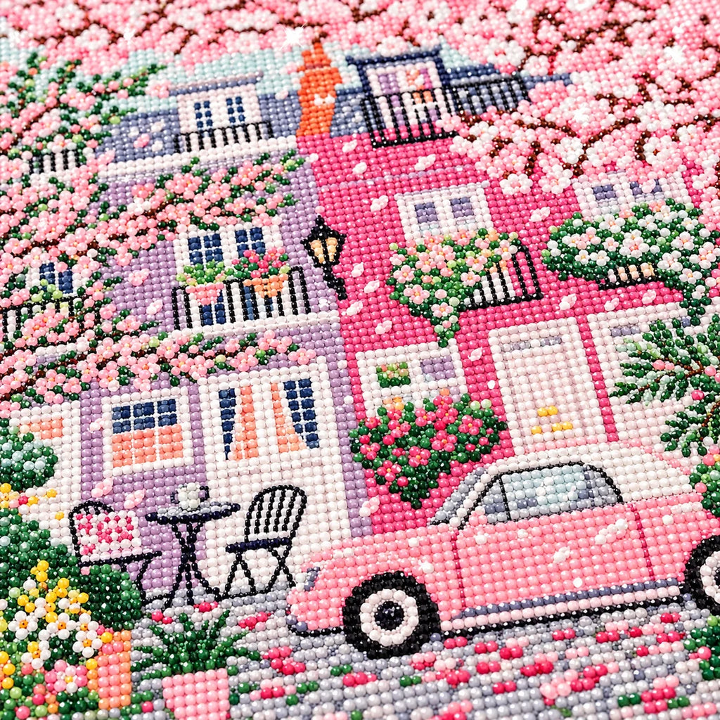 Close-up of faceted resin drills on the blossom street design, diamond painting kit