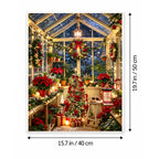 Christmas Conservatory Poinsettia Snowy Night paint by numbers canvas shown in a styled room, 15.7 × 19.7 in / 40 × 50 cm.