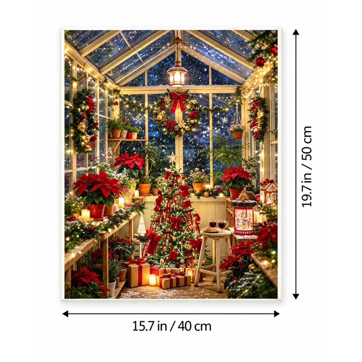 Christmas Conservatory Poinsettia Snowy Night paint by numbers canvas shown in a styled room, 15.7 × 19.7 in / 40 × 50 cm.