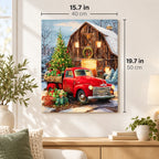 Christmas Delivery Red Truck at the Barn paint by numbers canvas displayed in a bright living room, 15.7 × 19.7 in / 40 × 50 cm