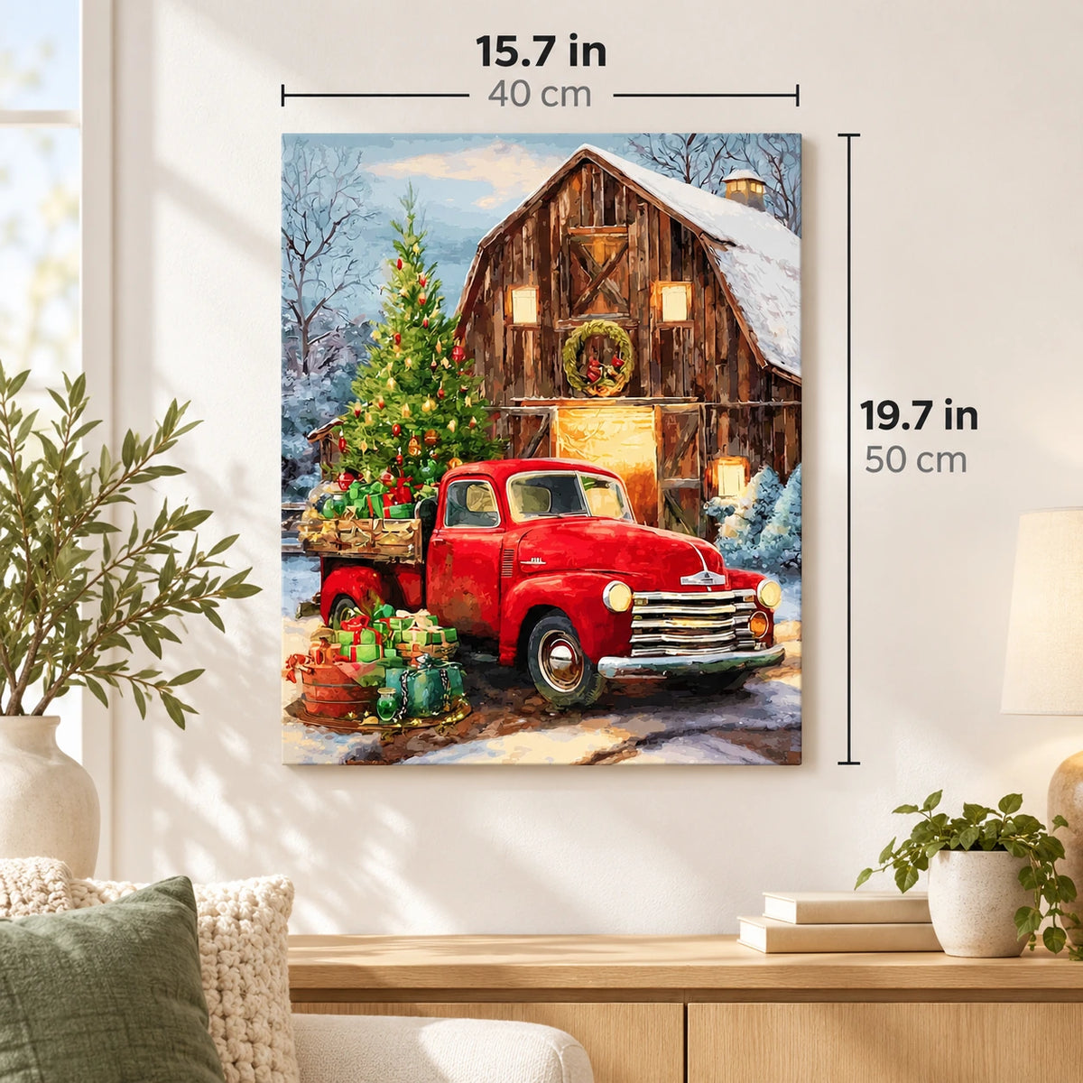 Christmas Delivery Red Truck at the Barn paint by numbers canvas displayed in a bright living room, 15.7 × 19.7 in / 40 × 50 cm