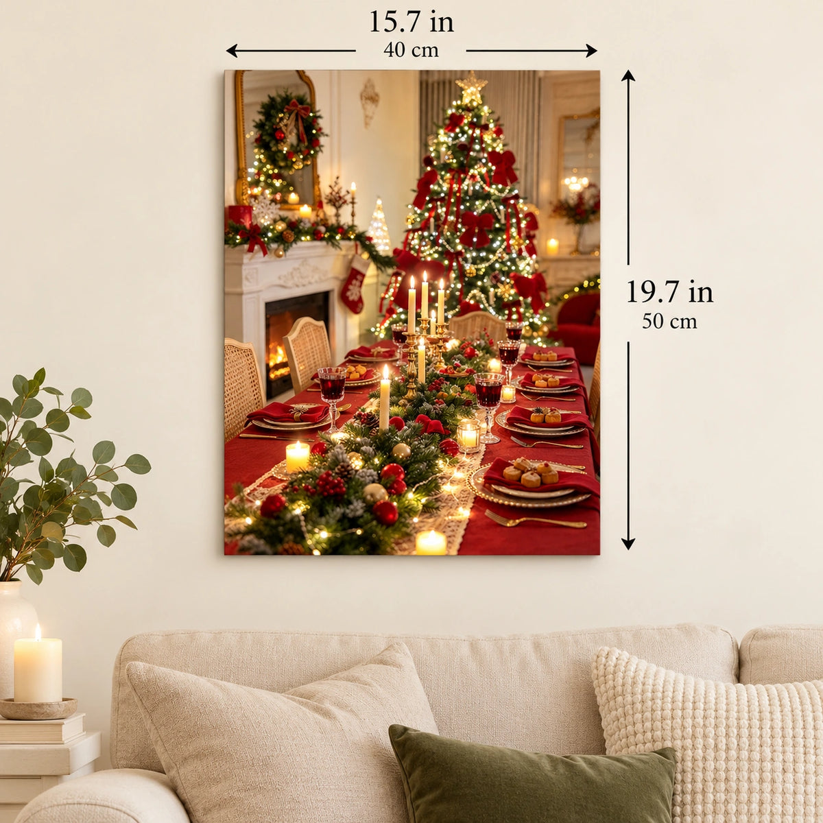 Christmas Dining Table with Red Runner and Candlelight canvas in a styled room, 15.7 × 19.7 in / 40 × 50 cm