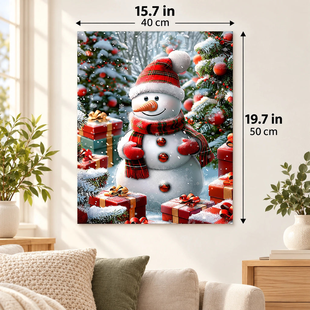 The Christmas Giftkeeper paint by numbers canvas displayed in a bright living room, 15.7 × 19.7 in / 40 × 50 cm