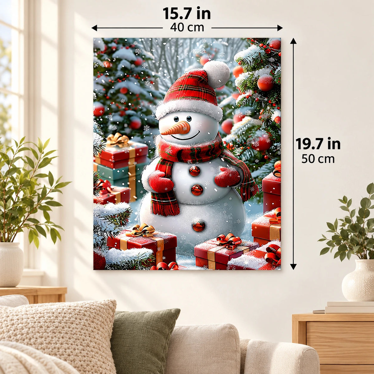 The Christmas Giftkeeper paint by numbers canvas displayed in a bright living room, 15.7 × 19.7 in / 40 × 50 cm