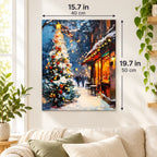 Christmas Glow on a Snowy Street paint by numbers canvas displayed in a bright living room, 15.7 × 19.7 in / 40 × 50 cm