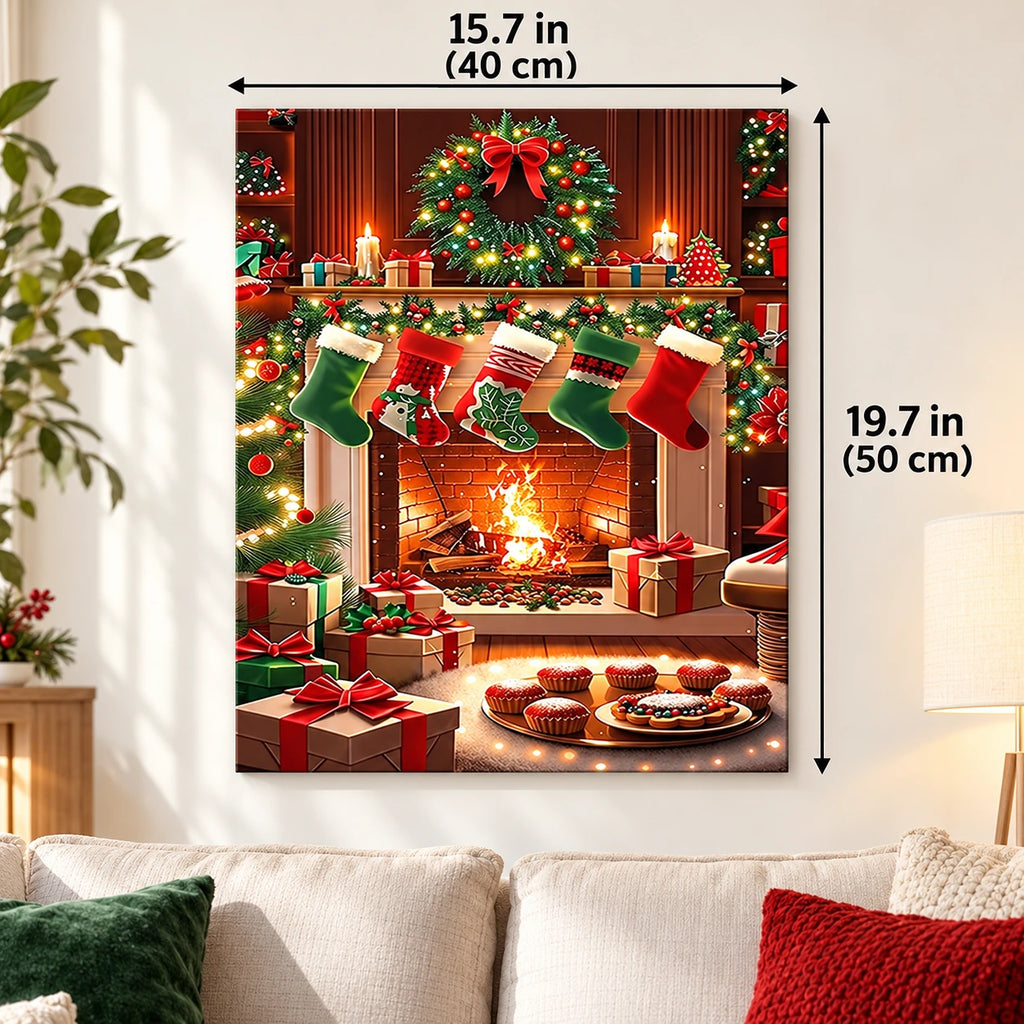 Christmas Hearth Gathering paint by numbers canvas displayed in a bright living room, 15.7 × 19.7 in / 40 × 50 cm