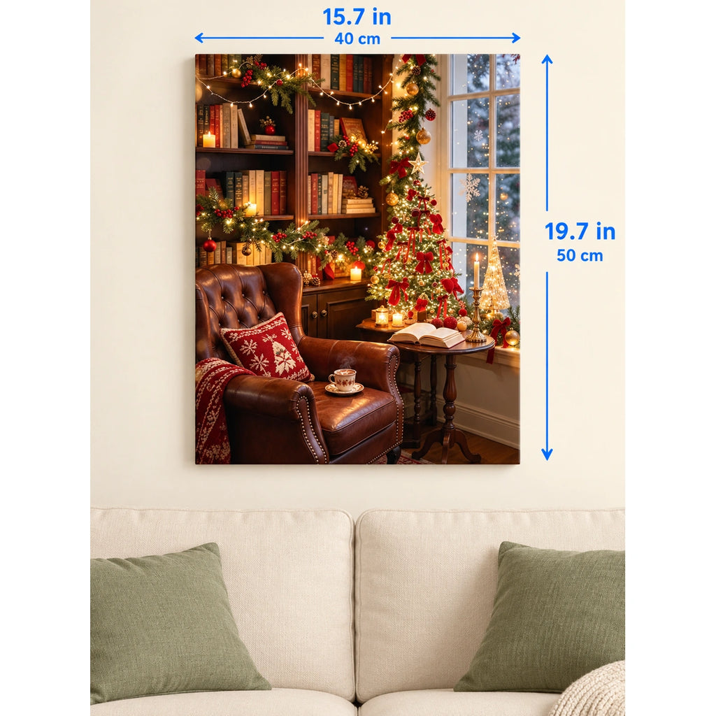 Christmas Reading Nook with Leather Chair and Snowy Window canvas in a styled room, 15.7 × 19.7 in / 40 × 50 cm