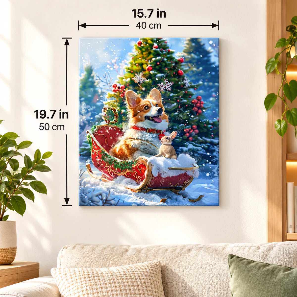 Christmas Sleigh Ride Together Corgi paint by numbers canvas displayed in a bright living room, 15.7 × 19.7 in / 40 × 50 cm