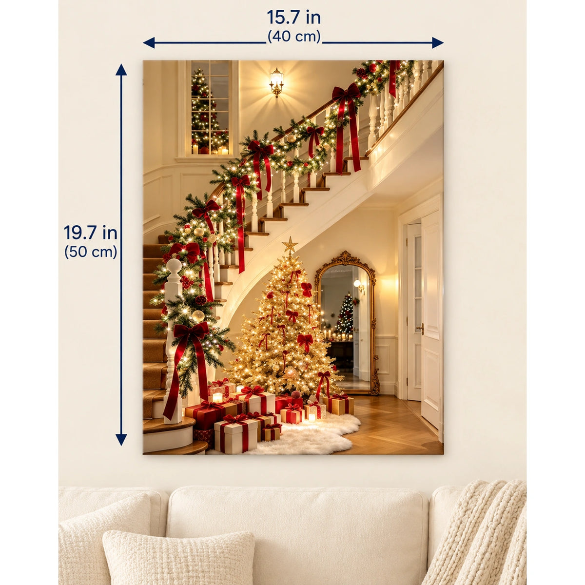 Christmas Staircase Hall with Garland and Red Bows canvas in a styled room, 15.7 × 19.7 in / 40 × 50 cm