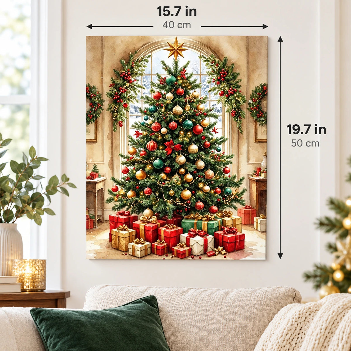 Christmas Tree by the Arched Window paint by numbers canvas displayed in a bright living room, 15.7 × 19.7 in / 40 × 50 cm