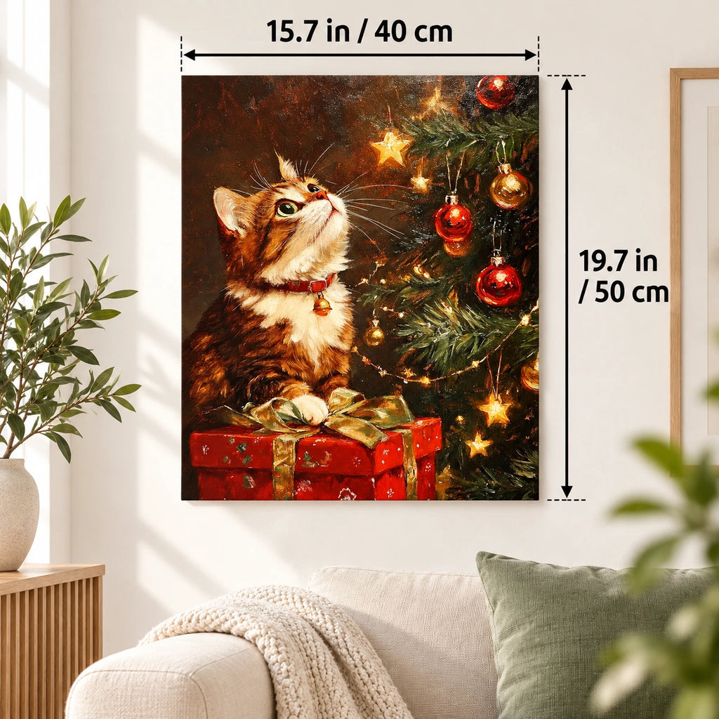 Christmas Tree Cat with Gifts paint by numbers canvas displayed in a bright living room, 15.7 × 19.7 in / 40 × 50 cm