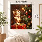 Christmas Tree Cat with Gifts paint by numbers canvas displayed in a bright living room, 15.7 × 19.7 in / 40 × 50 cm