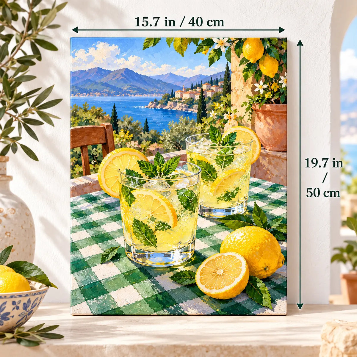 `03-citrus-soda-checkered-table-size-guide.webp` — Portrait size guide for the Citrus Soda Checkered Table paint by numbers kit, 15.7 × 19.7 in (40 × 50 cm).