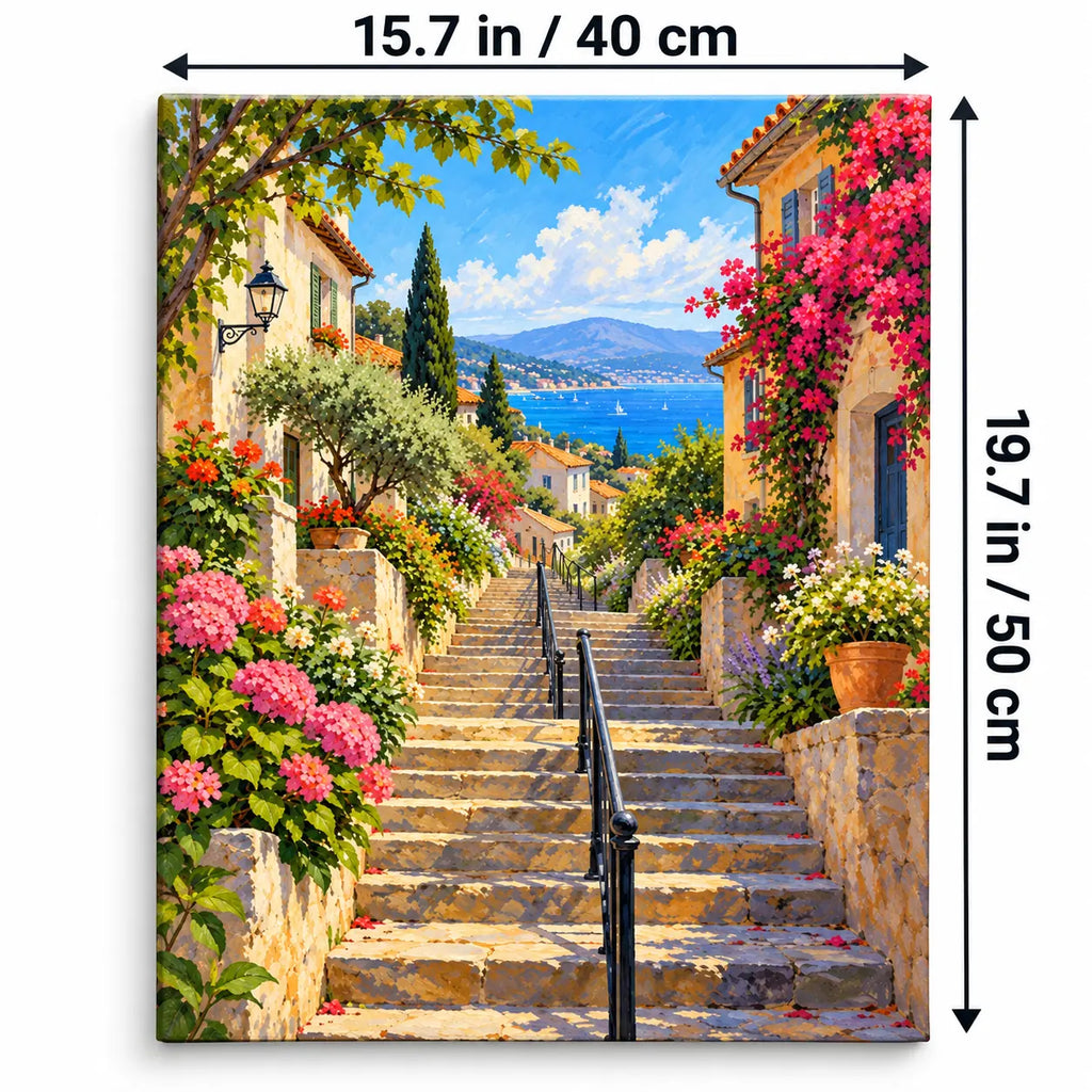Portrait 40 × 50 cm size guide for the coastal village flower stairway paint by numbers kit.