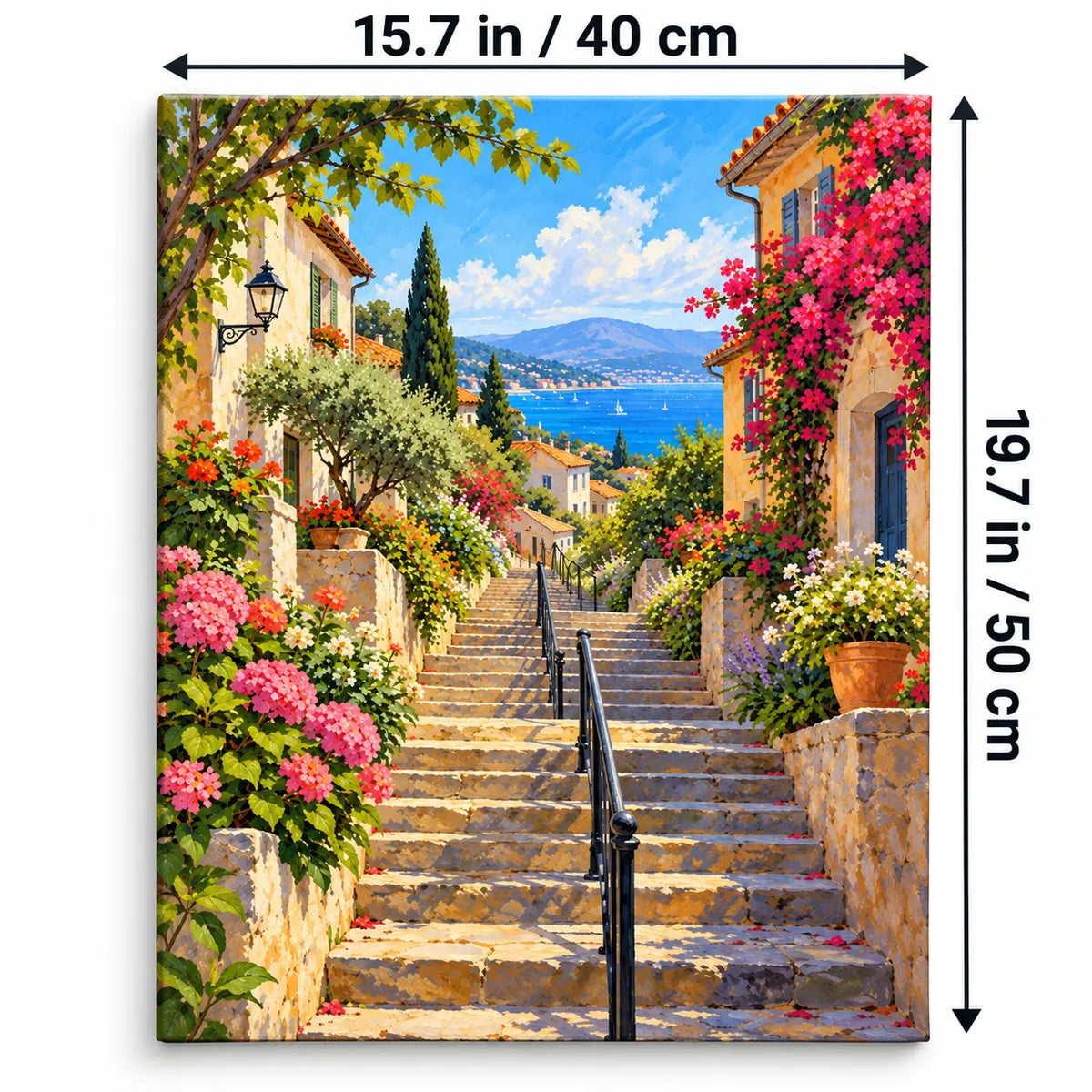 Portrait 40 × 50 cm size guide for the coastal village flower stairway paint by numbers kit.