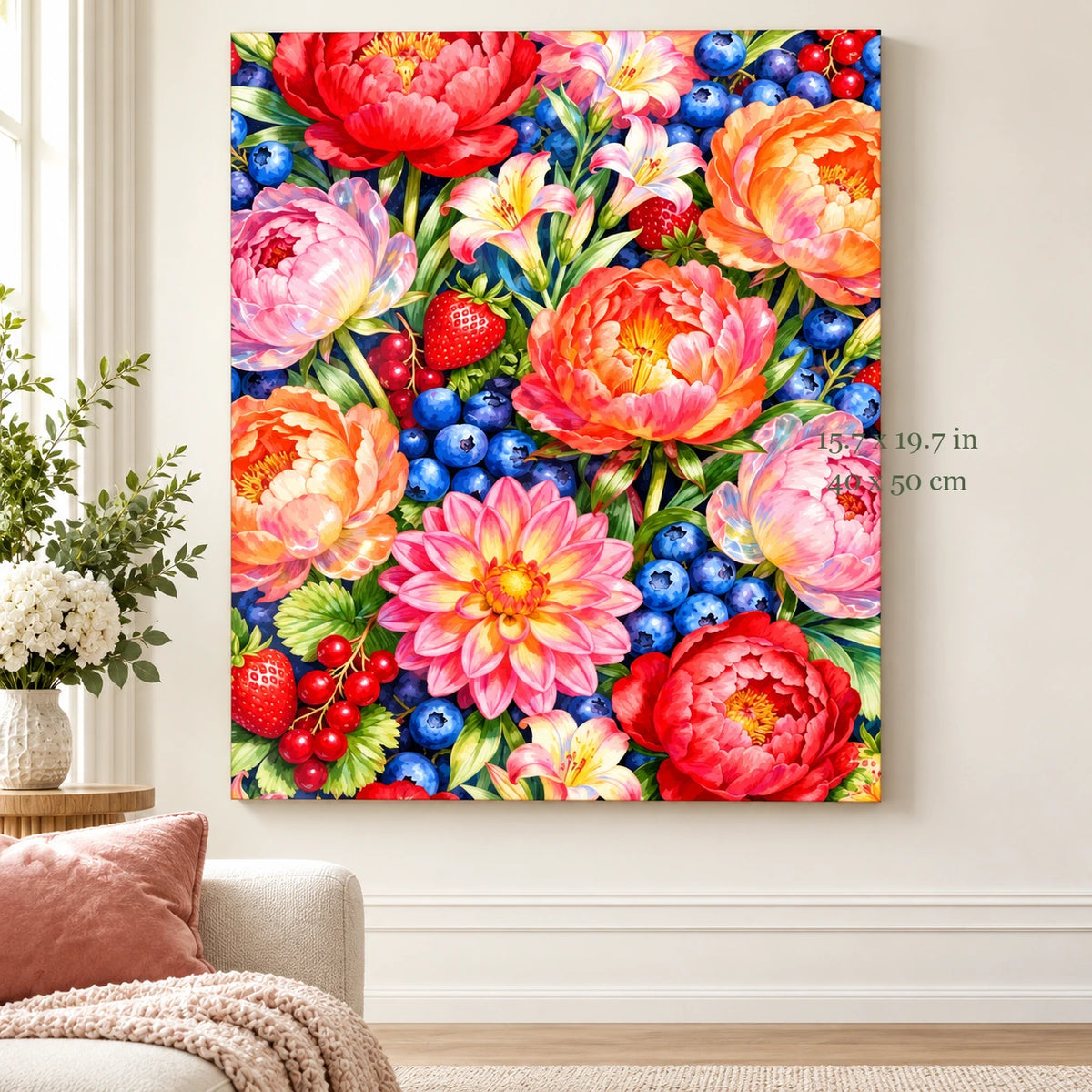 Colorful Peony and Berry Bouquet paint by numbers canvas in a styled room with 15.7 x 19.7 in and 40 x 50 cm dimensions