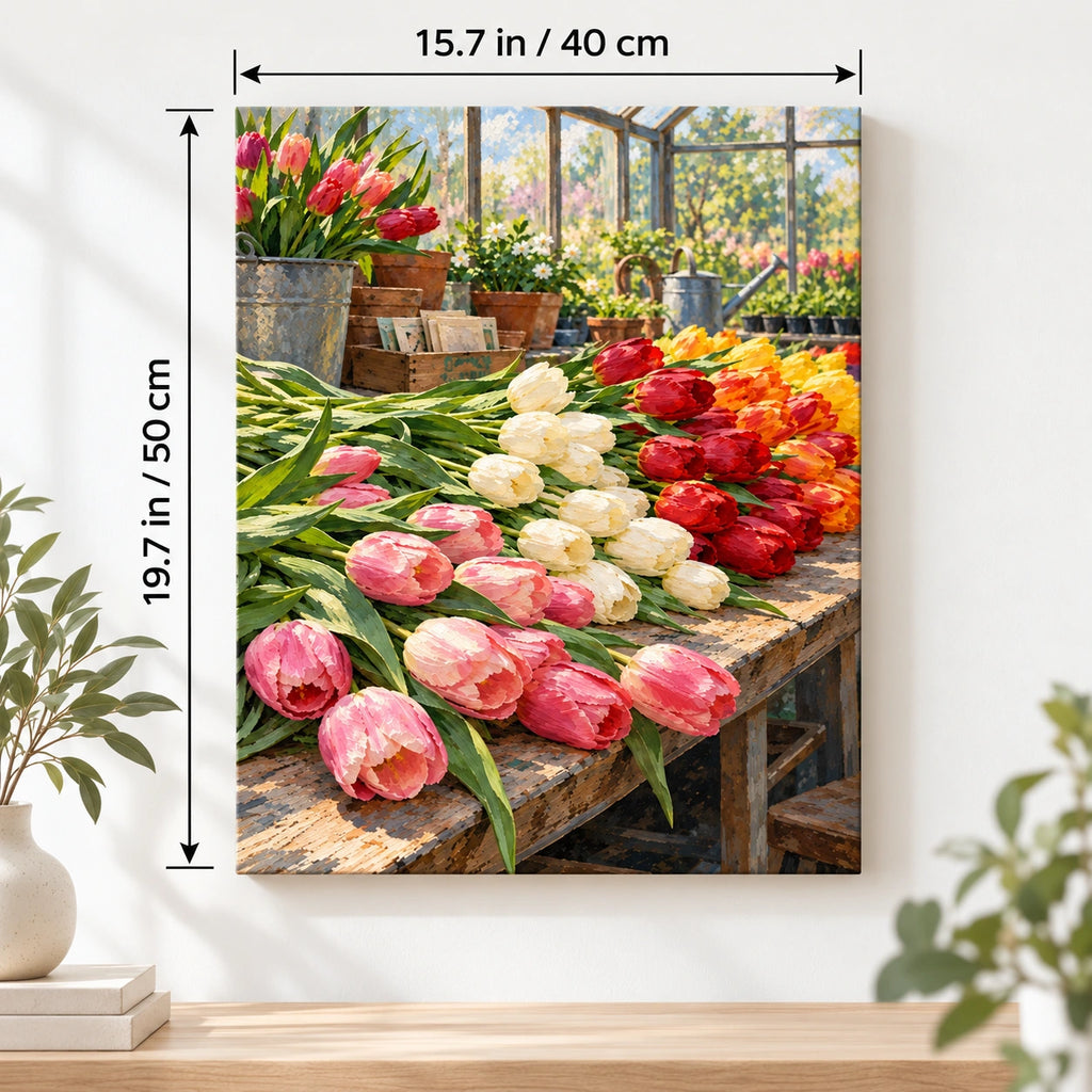 Portrait greenhouse tulip canvas with size labels of 15.7 by 19.7 inches (40 by 50 cm).