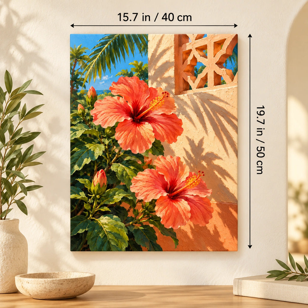 Coral Hibiscus Lattice Patio paint by numbers canvas shown in a styled room with 15.7 × 19.7 in (40 × 50 cm) dimensions.