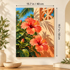 Coral Hibiscus Lattice Patio paint by numbers canvas shown in a styled room with 15.7 × 19.7 in (40 × 50 cm) dimensions.