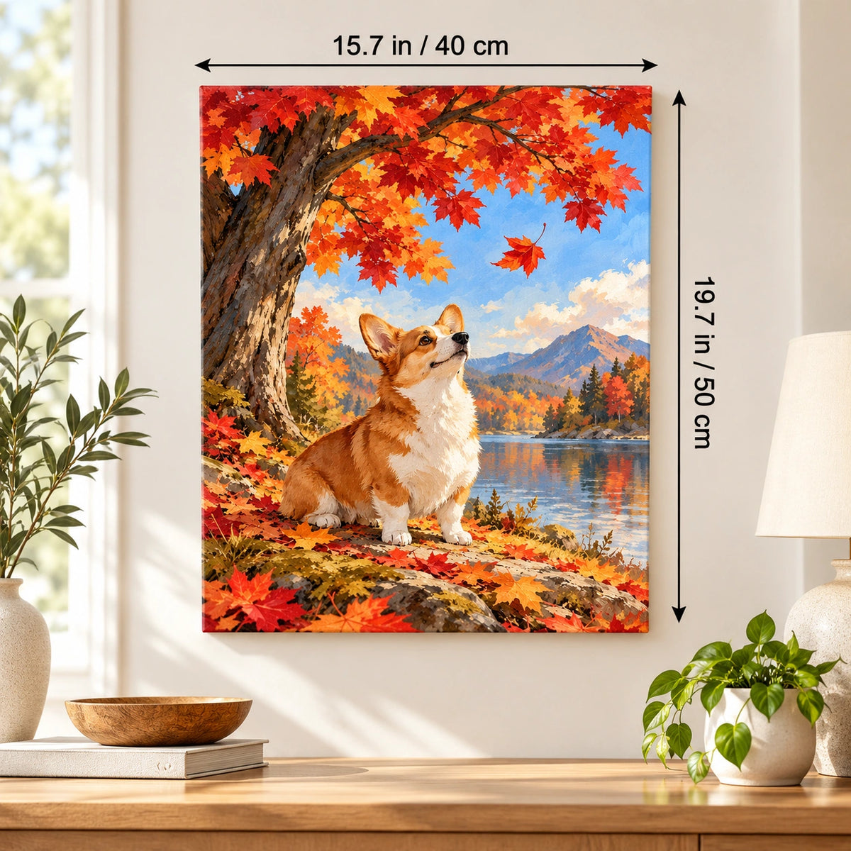 40 × 50 cm (15.7 × 19.7 in) size guide for Corgi Under Maple Tree paint by numbers kit