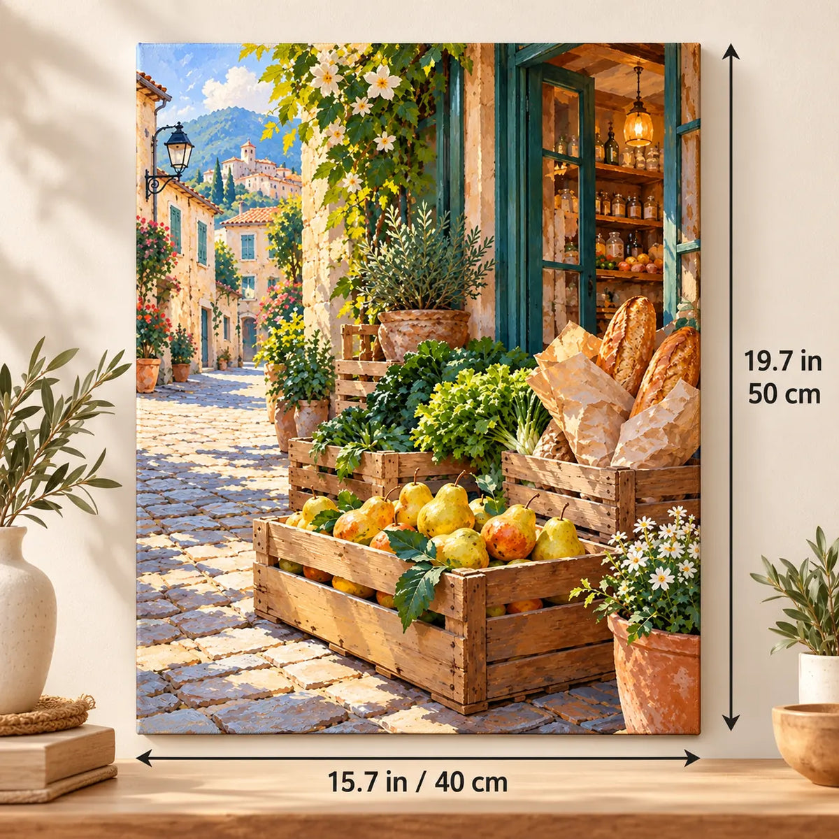 `03-corner-grocer-wooden-crates-size-guide.webp` — Portrait size guide for the Corner Grocer Wooden Crates paint by numbers kit, 15.7 × 19.7 in (40 × 50 cm).