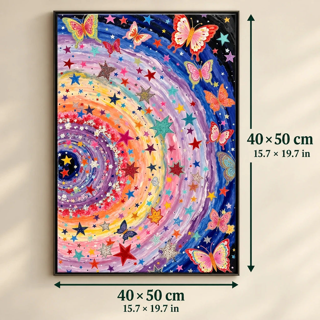 Cosmic Butterflies Starry Spiral shown in a styled room with 15.7 x 19.7 in and 40 x 50 cm dimensions