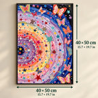 Cosmic Butterflies Starry Spiral shown in a styled room with 15.7 x 19.7 in and 40 x 50 cm dimensions