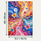 Cosmic Butterfly Nebula Galaxy shown in a styled room with 15.7 x 19.7 in and 40 x 50 cm dimensions