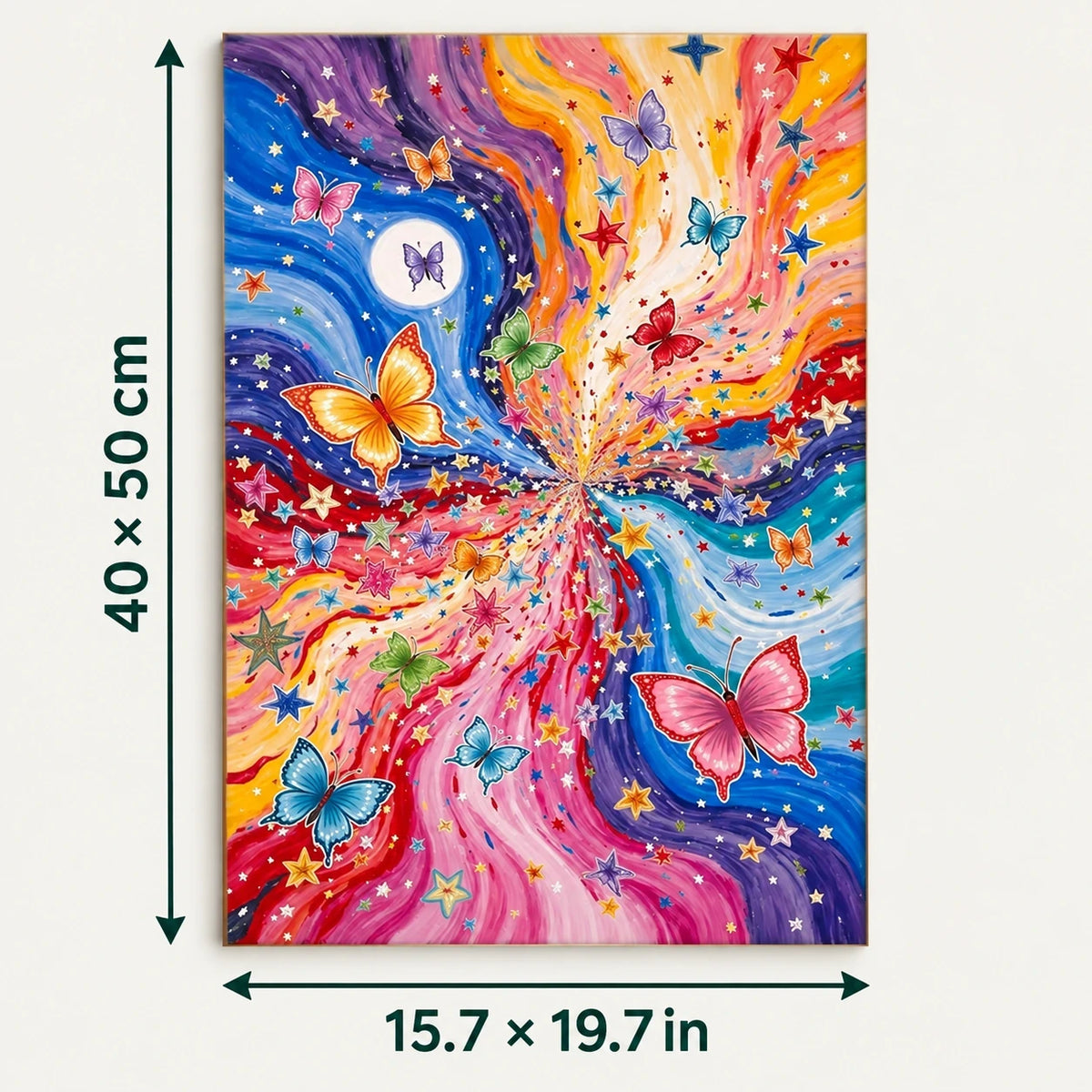 Cosmic Butterfly Nebula Galaxy shown in a styled room with 15.7 x 19.7 in and 40 x 50 cm dimensions