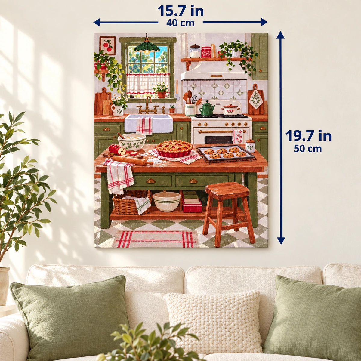 Cottage Apple Pie Baking Kitchen canvas in a styled room, 15.7 × 19.7 in / 40 × 50 cm.