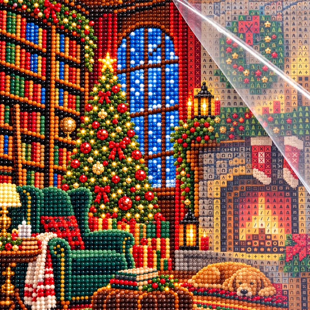 Close detail of uniform resin drills and symbols on Cozy Christmas Library