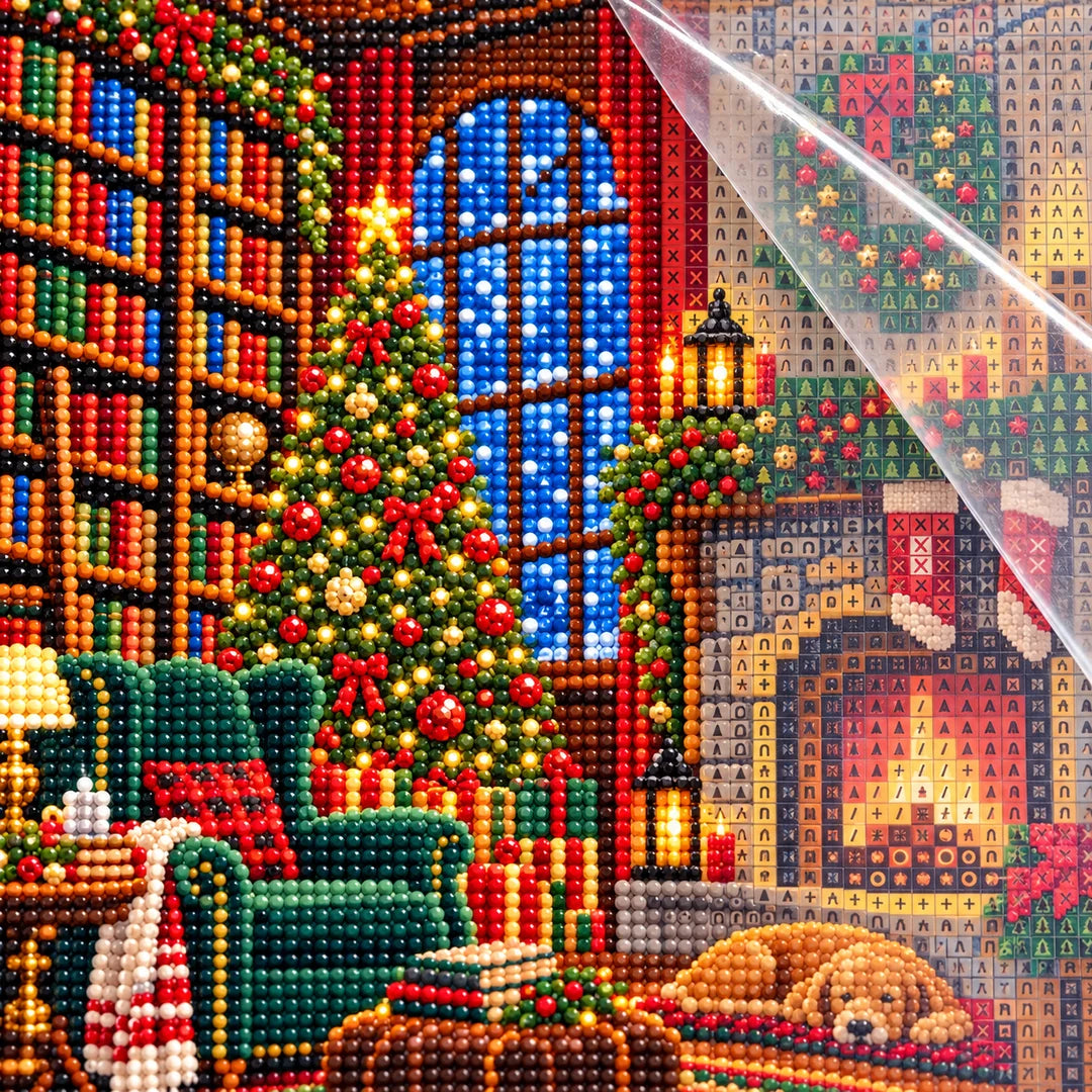 Close detail of uniform resin drills and symbols on Cozy Christmas Library